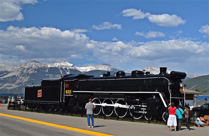 Retired steam locomotive in downtown Jasper